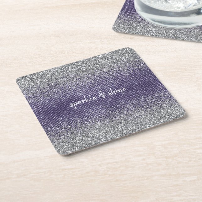 Purple Sparkle Silver Glitter Square Paper Coaster (Angled)