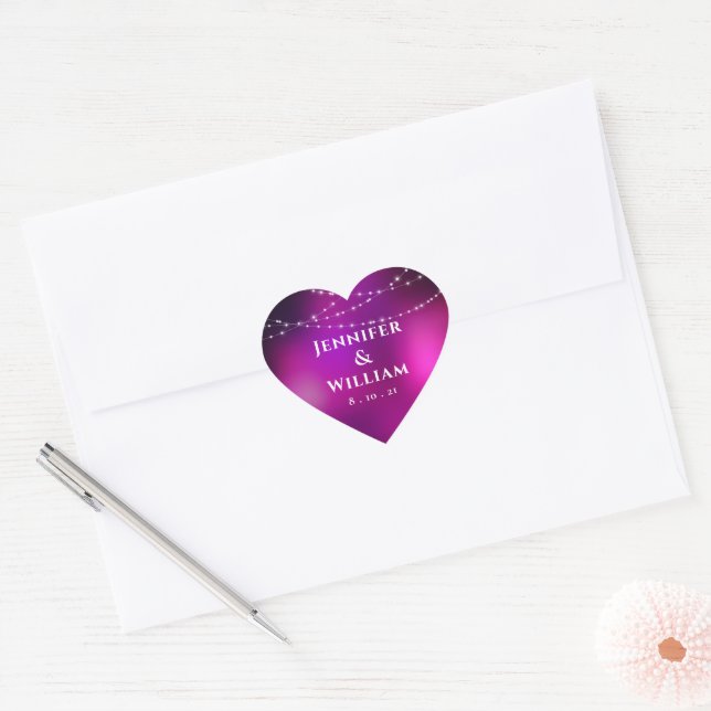 Purple Sparkle Silver String Lights Wedding Heart Sticker (Envelope)
