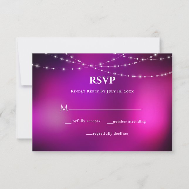 Purple Sparkle Silver String Lights Wedding RSVP Card (Front)
