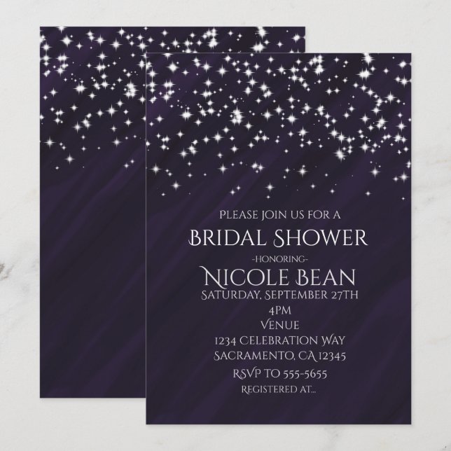 Purple & Sparkle Stars Elegant Glamour Invitations (Front/Back)