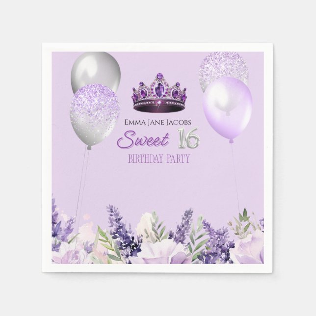 Purple Sparkle Sweet 16 Birthday Party  Napkins (Front)