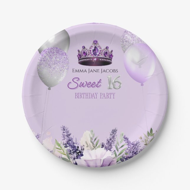 Purple Sparkle Sweet 16 Birthday Party  Paper Plates (Front)