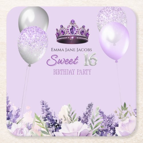 Purple Sparkle Sweet 16 Birthday Party  Square Paper Coaster