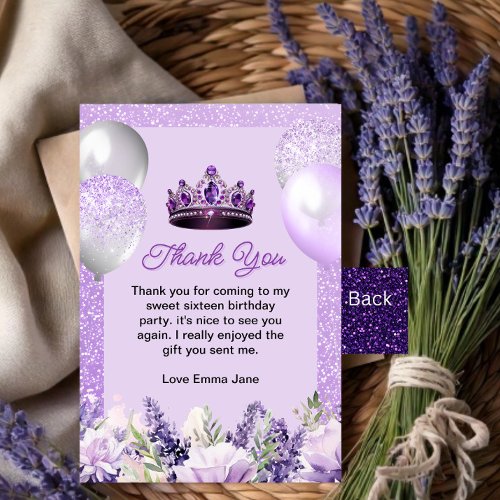 Purple Sparkle Sweet 16 Birthday Party Thank You Card