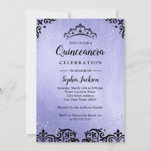 Purple Sparkle Tiara Damask Quinceanera Invitation