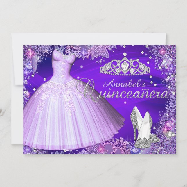 Purple Sparkle Tiara & Dress Quinceanera Invite (Front)