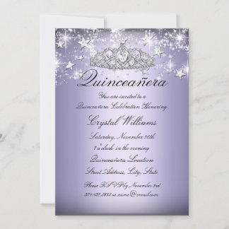 Purple Sparkle Tiara & Stars Quinceanera Invite