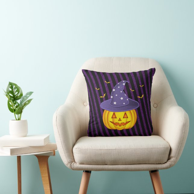 Purple Sparkles & Black Stripes Halloween Pumpkin Throw Pillow (Chair)