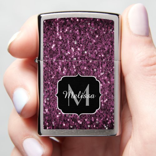 Purple sparkles faux glitter Custom Monogram Zippo Lighter