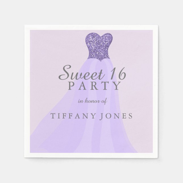 Purple Sparkling Glitter Gown Sweet 16 Party Paper Napkins (Front)