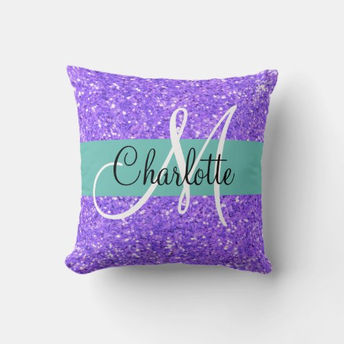 Purple sparkling glitter monogrammed      throw pillow