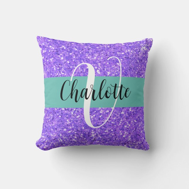 Purple sparkling glitter monogrammed      throw pillow (Front)