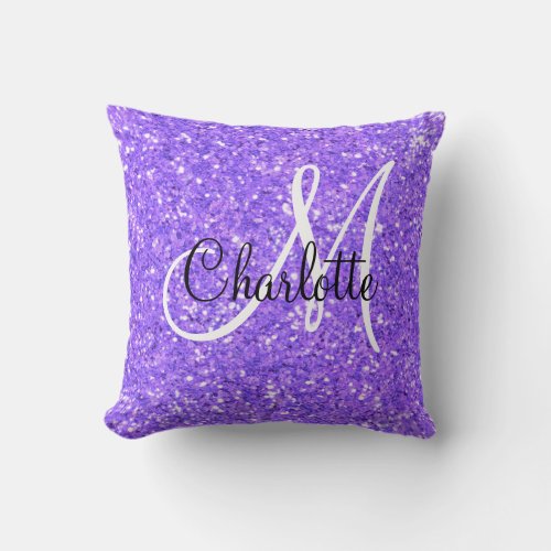 Purple  sparkling glitter monogrammed     throw pillow