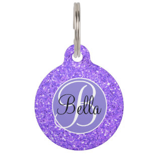 Purple sparkling glitter pattern monogrammed pet ID tag