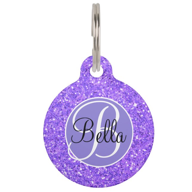Purple sparkling glitter pattern monogrammed  pet ID tag (Front)
