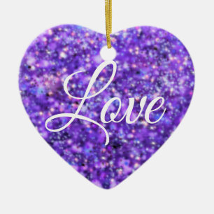 Purple sparkling heart, love glitter valentine ceramic ornament