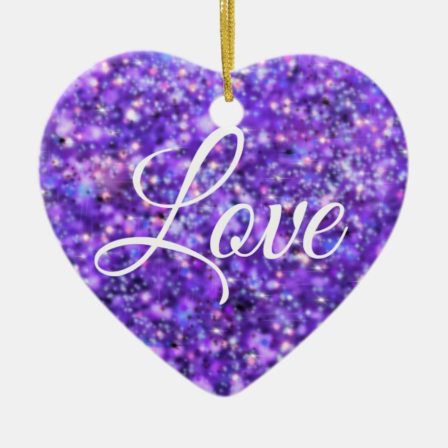 Purple sparkling heart, love glitter valentine ceramic ornament (Front)