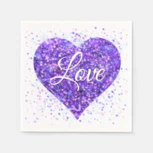 Purple sparkling heart, love glitter valentine napkins