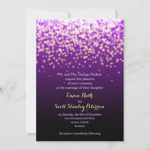 Purple sparkling lights in the sky wedding invitation