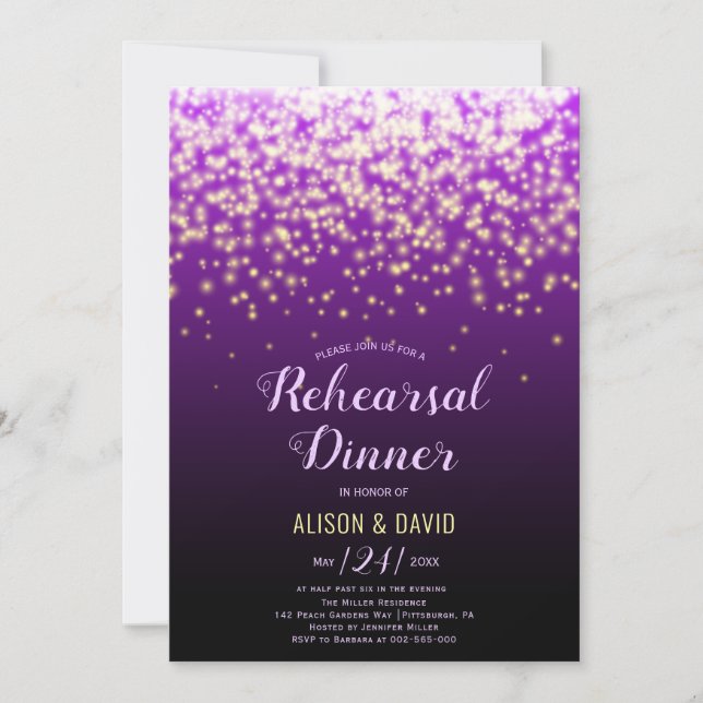 Purple sparkling lights wedding rehearsal dinner invitation (Front)