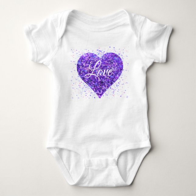 Purple sparkling sequins, love graffiti valentine baby bodysuit (Front)
