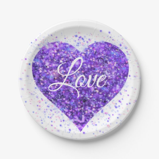 Purple sparkling sequins, love graffiti valentine paper plates (Front)