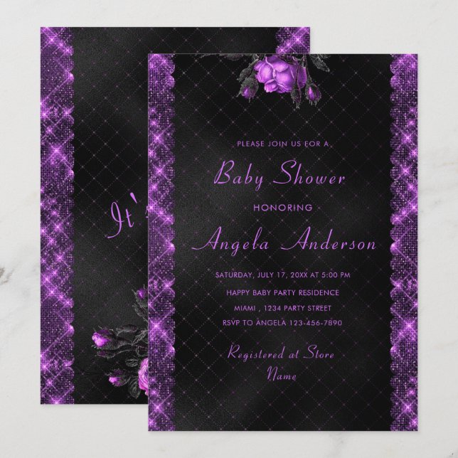 Purple Sparkly Framed Baby Girl Shower Invitation  (Front/Back)
