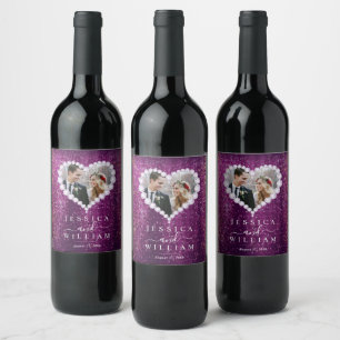 Purple Sparkly Glitter Custom Wedding Photo Wine Label