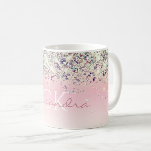 Purple Sparkly Glitter Monogrammed Girly Pink Coff Coffee Mug