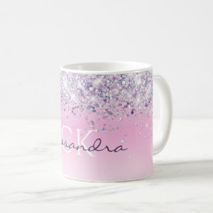 Purple Sparkly Glitter Monogrammed Girly Pink Coffee Mug