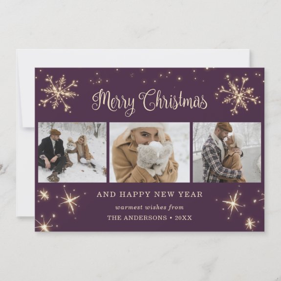 Purple Sparkly Snowflake Photo Christmas Cards