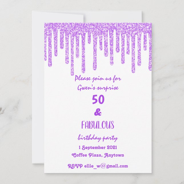 Purple Sparkly Wax 50 And Fabulous Birthday  Invitation (Front)