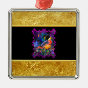 Purple sparrow with a gold foil and black texture metal ornament