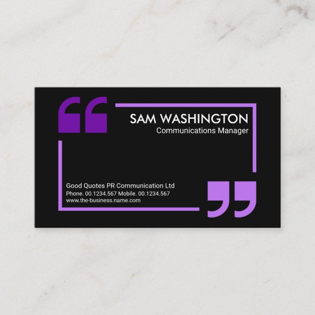Purple Speech Box Quotation Mark Press Reporter Business Card (Front)