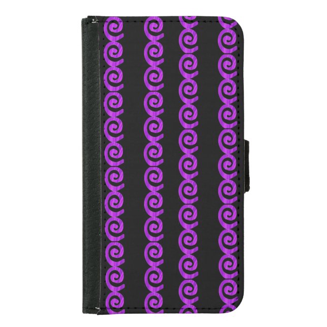 Purple spirals pattern on black samsung galaxy wallet case (Front)