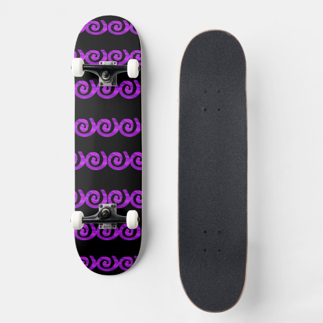 Purple spirals pattern on black skateboard (Front)