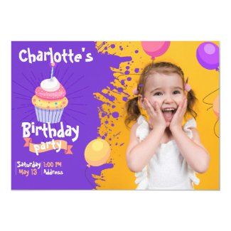Purple Splash Cupcake Balloons Birthday Invitation