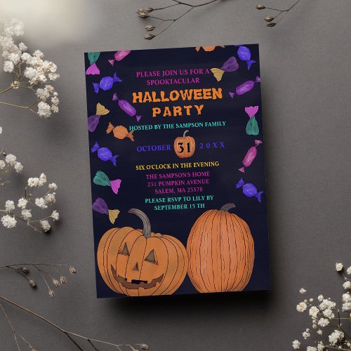 Purple Spooky Black Jack Olantern Candy Halloween Invitation Postcard