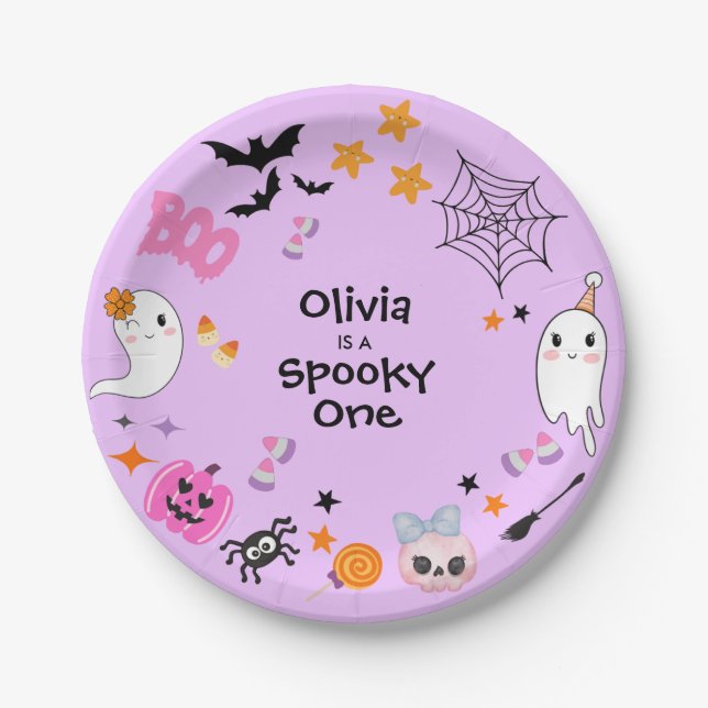 Purple Spooky One Cute Halloween 1st Birthday Paper Plates (Front)