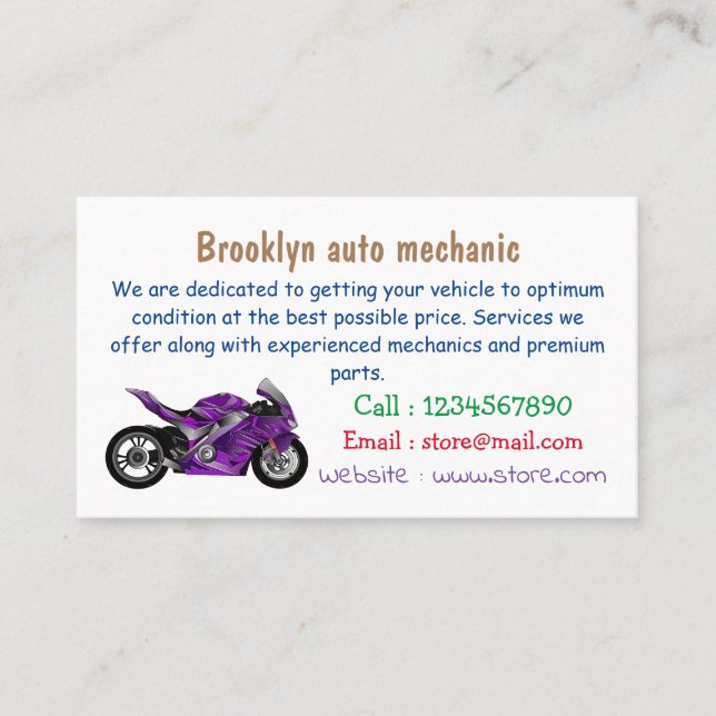 Purple sports motorcycle cartoon business card (Front)