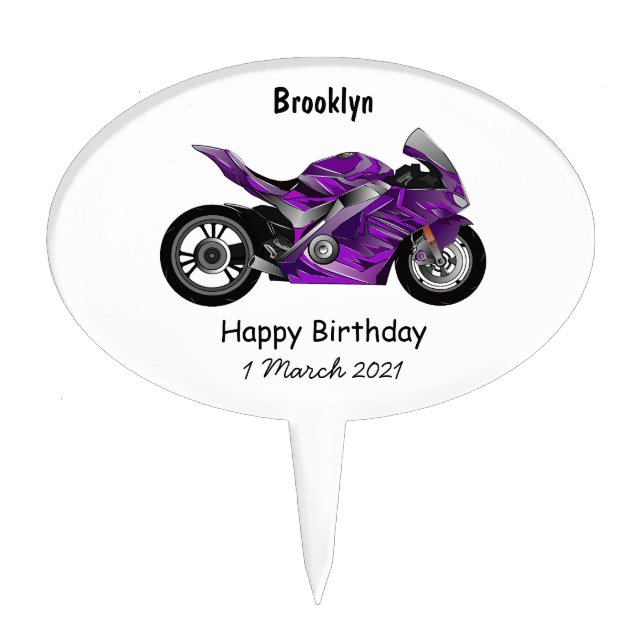 Purple sports motorcycle cartoon cake topper (Front)