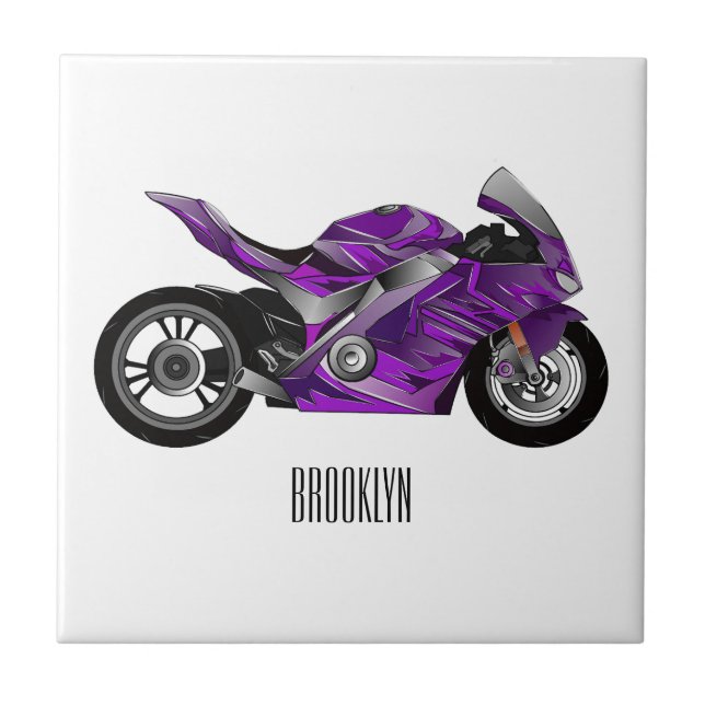 Purple sports motorcycle cartoon  ceramic tile (Front)