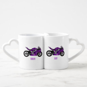 Purple sports motorcycle cartoon coffee mug set