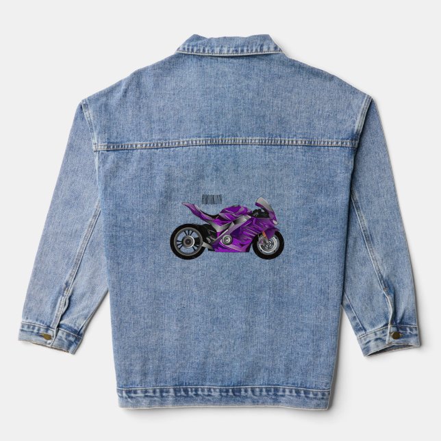 Purple sports motorcycle cartoon denim jacket (Back)