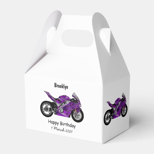 Purple sports motorcycle cartoon favor boxes (Front Side)