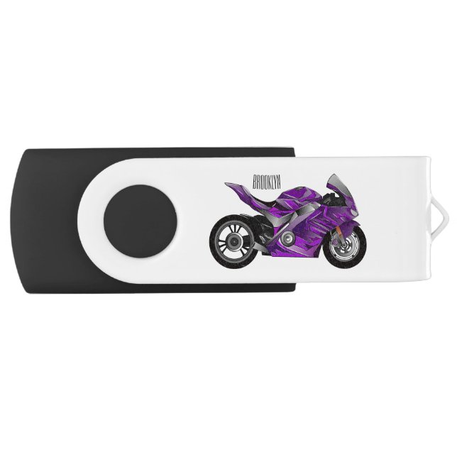 Purple sports motorcycle cartoon  flash drive (Front)