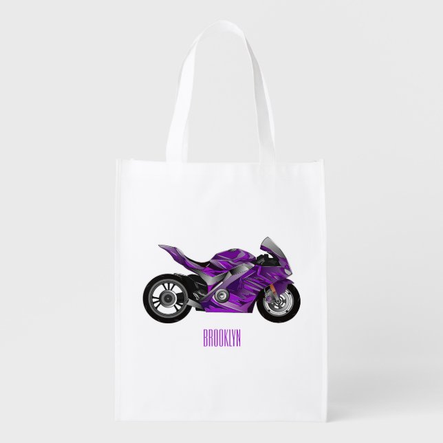 Purple sports motorcycle cartoon grocery bag (Front)
