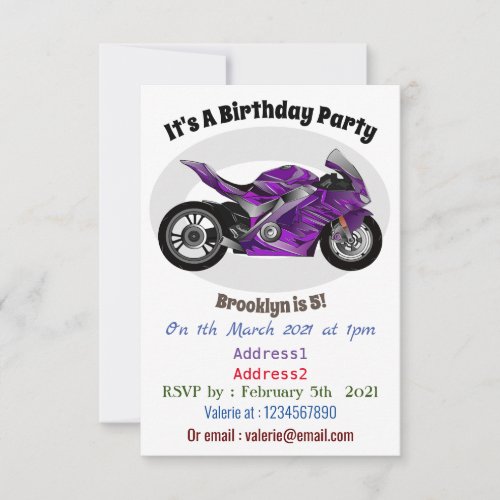 Purple sports motorcycle cartoon invitation