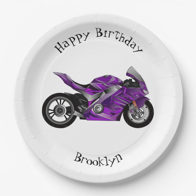 Purple sports motorcycle cartoon  paper plates (Front)