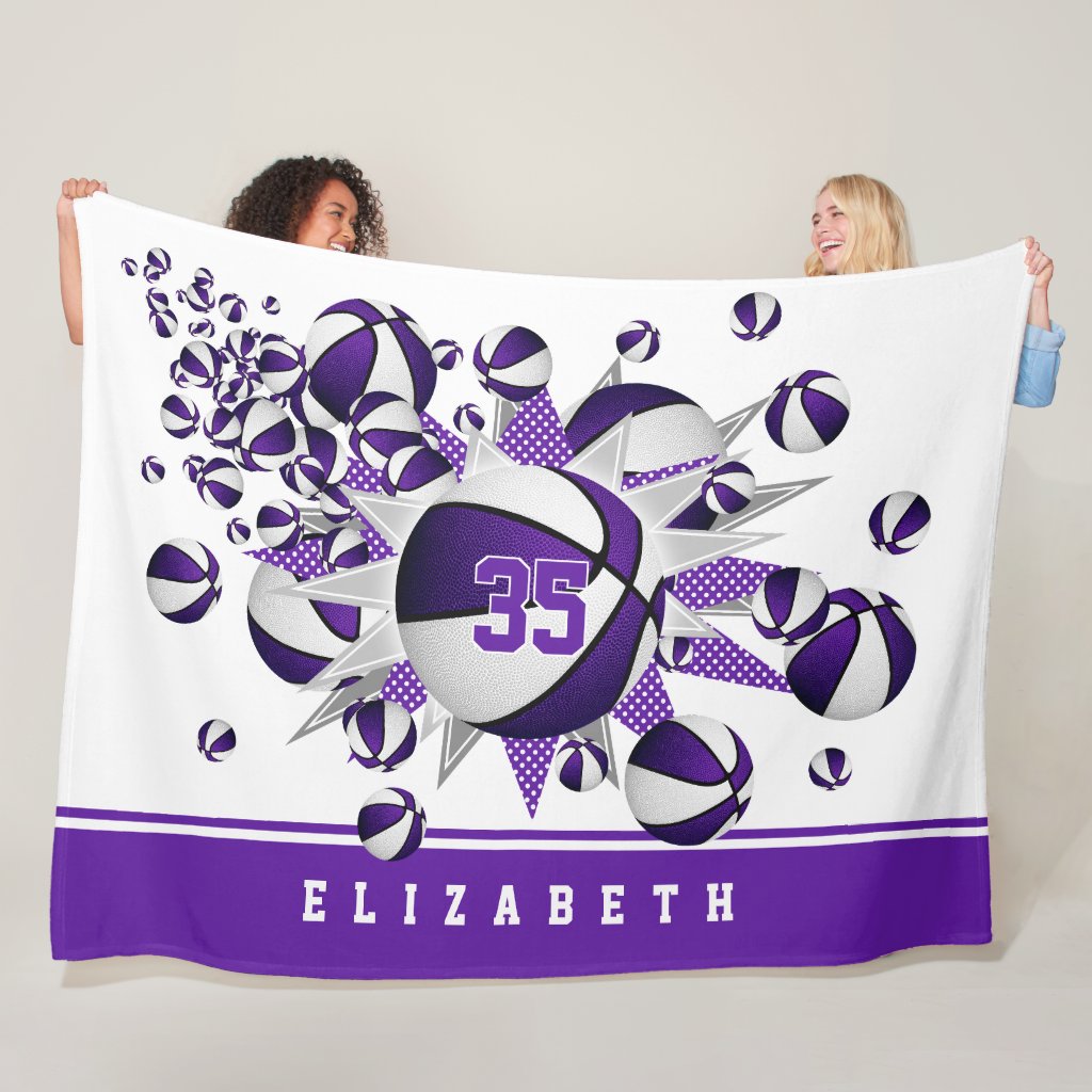 purple sports room decor girls basketballs stars fleece blanket
